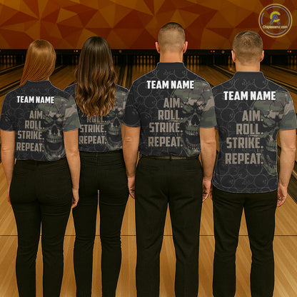 Green Camo Skull Bowling Shirts For Men Custom Aim Roll Strike Repeat Vintage Bowling Team Jersey TDM7379