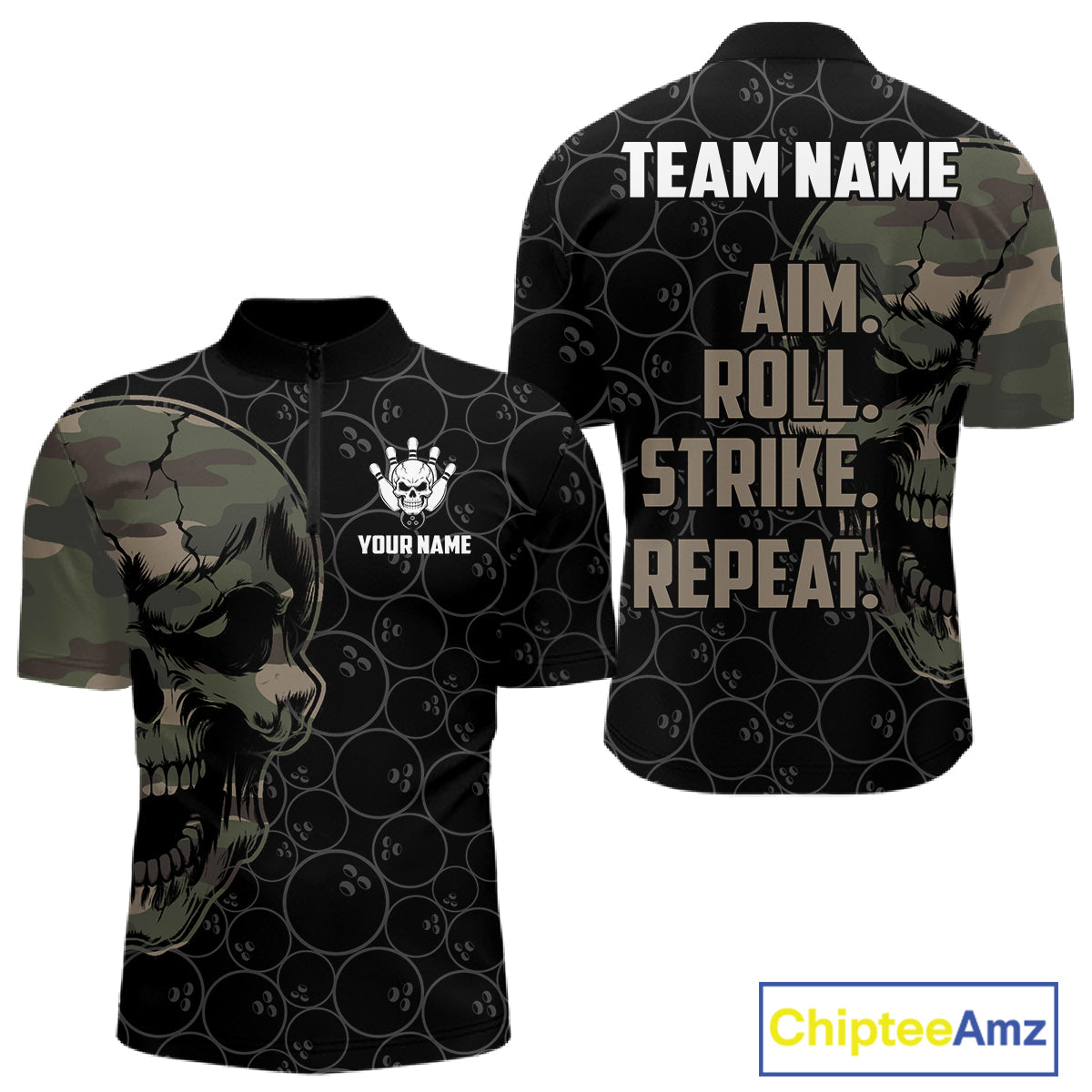 Green Camo Skull Bowling Shirts For Men Custom Aim Roll Strike Repeat Vintage Bowling Team Jersey TDM7379