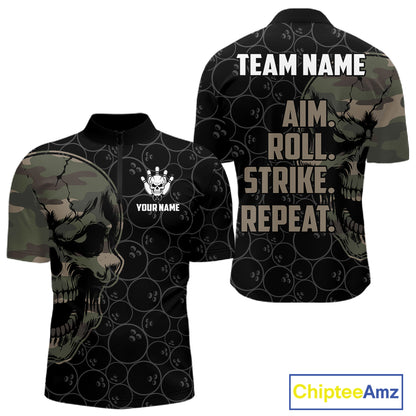 Green Camo Skull Bowling Shirts For Men Custom Aim Roll Strike Repeat Vintage Bowling Team Jersey TDM7379