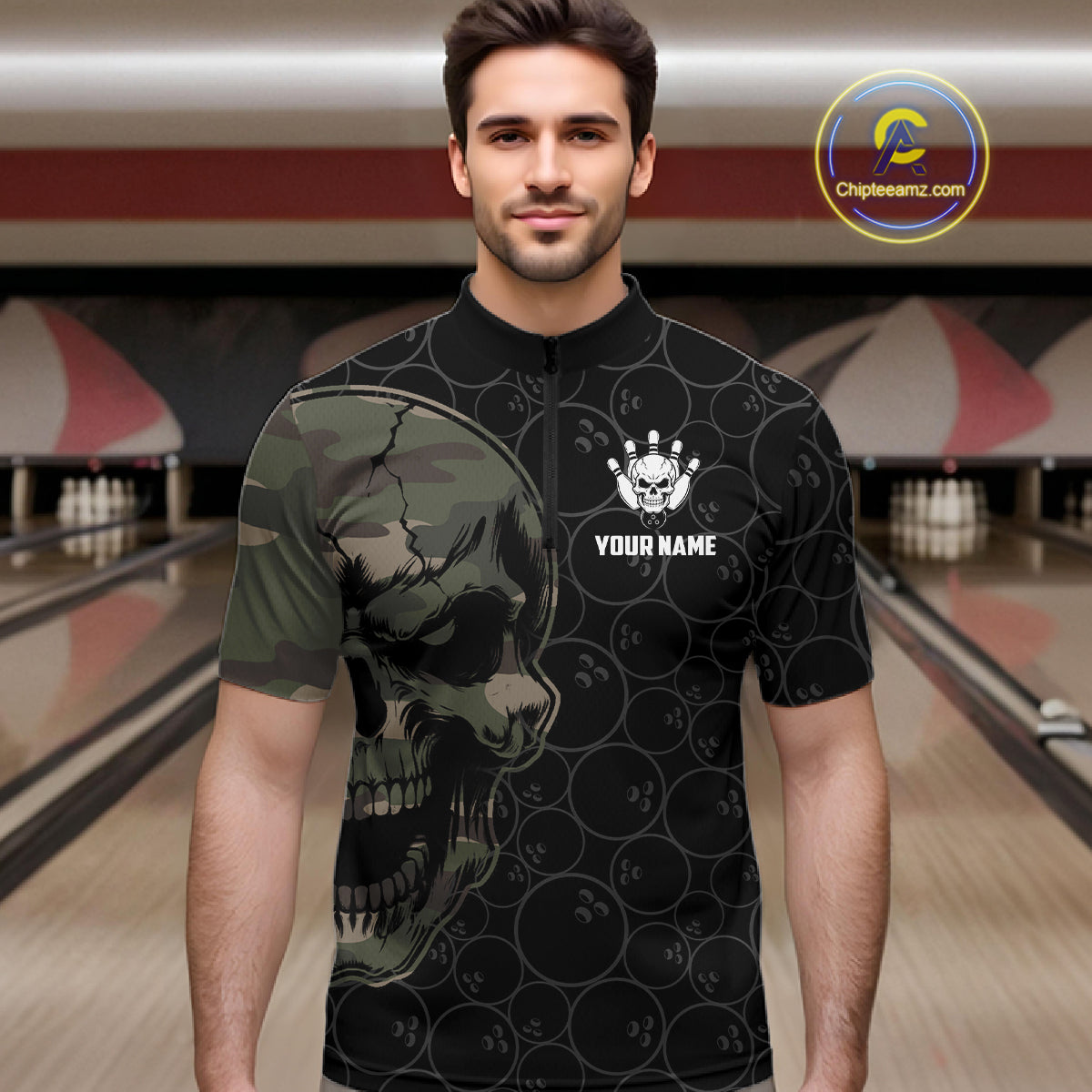 Green Camo Skull Bowling Shirts For Men Custom Aim Roll Strike Repeat Vintage Bowling Team Jersey TDM7379