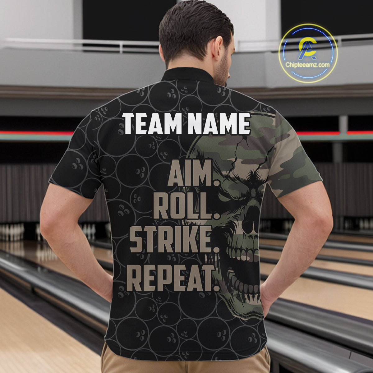 Green Camo Skull Bowling Shirts For Men Custom Aim Roll Strike Repeat Vintage Bowling Team Jersey TDM7379