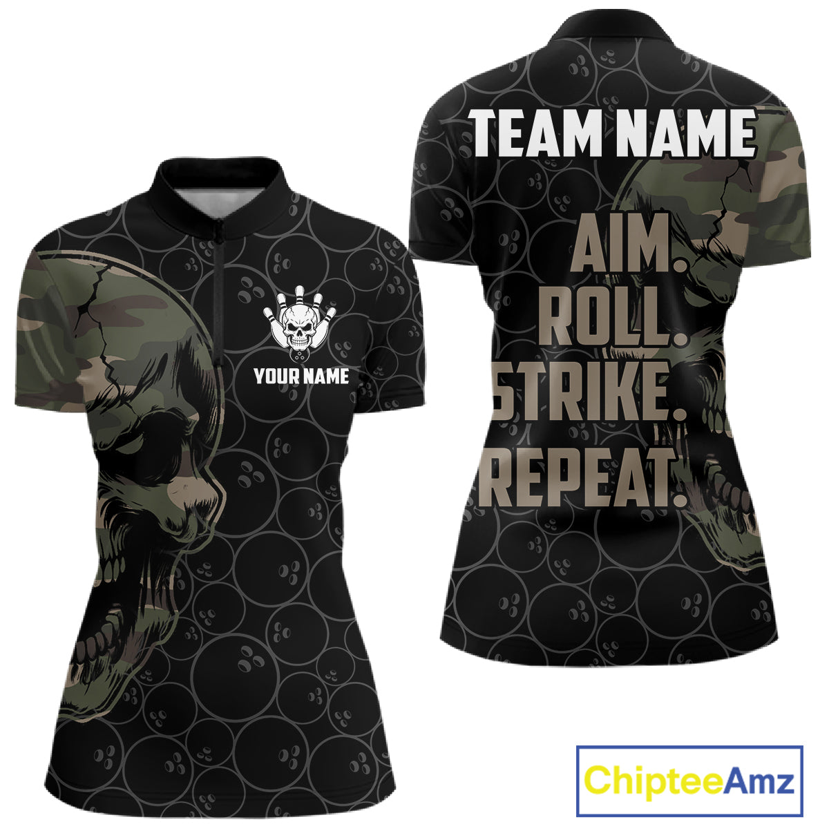 Green Camo Skull Bowling Shirts For Women Custom Aim Roll Strike Repeat Vintage Bowling Team Jersey TDM7379