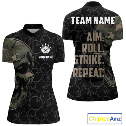 Green Camo Skull Bowling Shirts For Women Custom Aim Roll Strike Repeat Vintage Bowling Team Jersey TDM7379