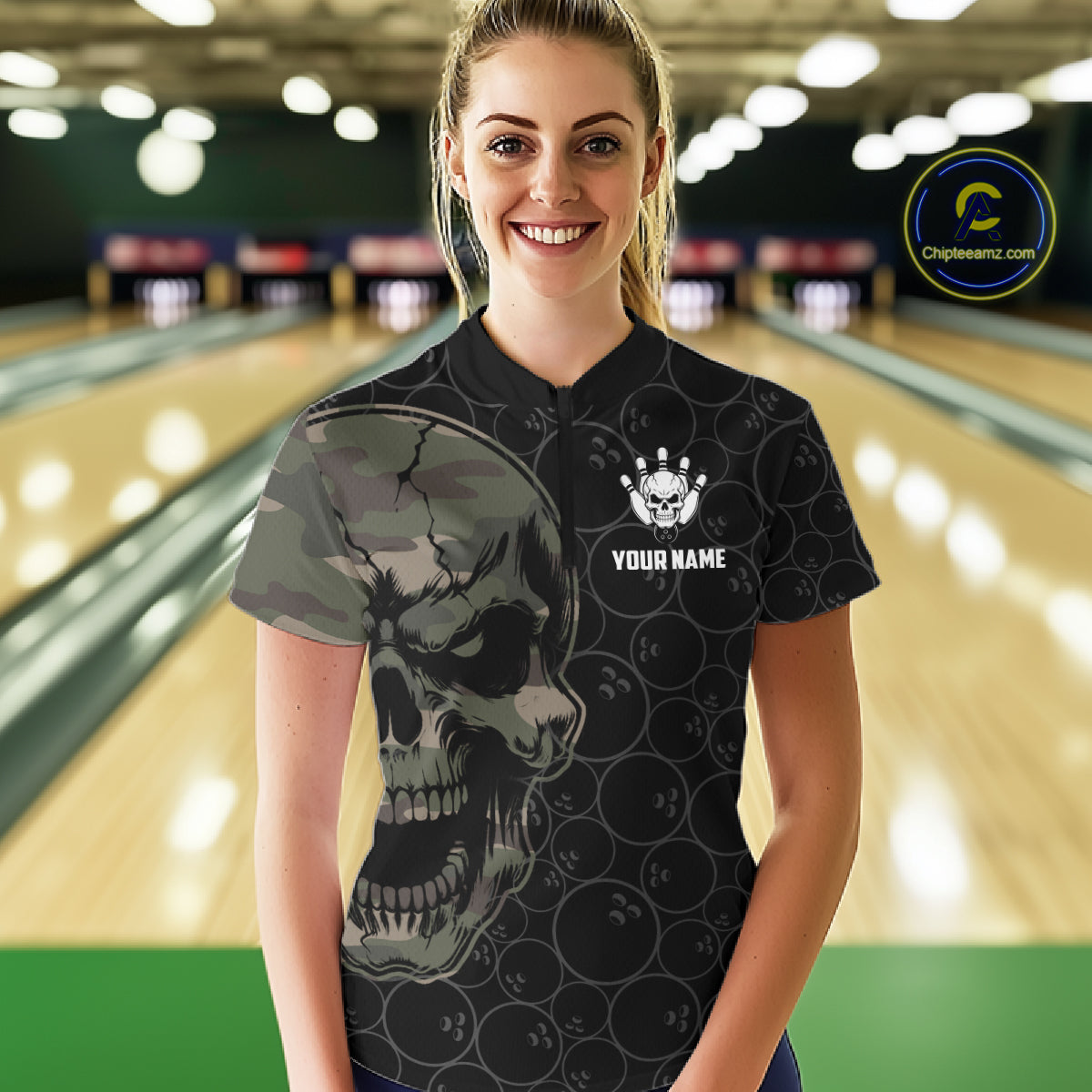 Green Camo Skull Bowling Shirts For Women Custom Aim Roll Strike Repeat Vintage Bowling Team Jersey TDM7379