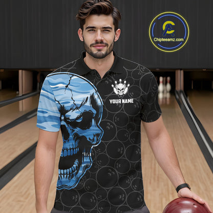 Blue Camo Skull Bowling Shirts For Men Custom Aim Roll Strike Repeat Vintage Bowling Team Jersey TDM7380