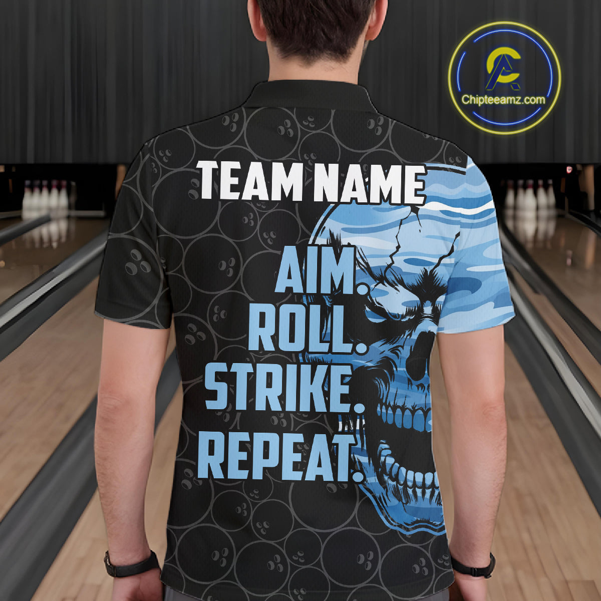 Blue Camo Skull Bowling Shirts For Men Custom Aim Roll Strike Repeat Vintage Bowling Team Jersey TDM7380