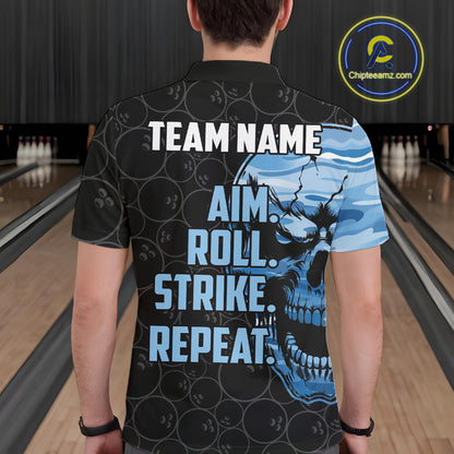 Blue Camo Skull Bowling Shirts For Men Custom Aim Roll Strike Repeat Vintage Bowling Team Jersey TDM7380
