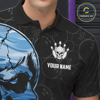 Blue Camo Skull Bowling Shirts For Men Custom Aim Roll Strike Repeat Vintage Bowling Team Jersey TDM7380