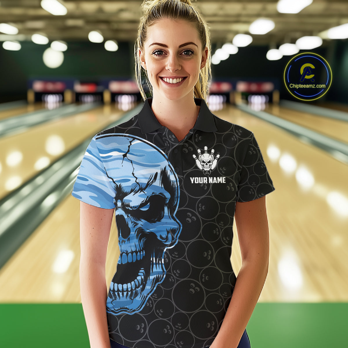 Blue Camo Skull Bowling Shirts For Women Custom Aim Roll Strike Repeat Vintage Bowling Team Jersey TDM7380