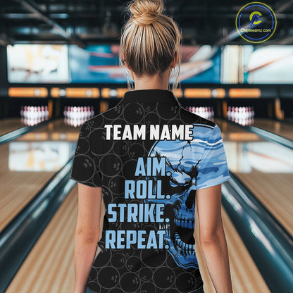 Blue Camo Skull Bowling Shirts For Women Custom Aim Roll Strike Repeat Vintage Bowling Team Jersey TDM7380