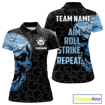 Blue Camo Skull Bowling Shirts For Women Custom Aim Roll Strike Repeat Vintage Bowling Team Jersey TDM7380