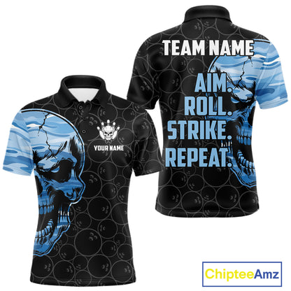 Blue Camo Skull Bowling Shirts For Men Custom Aim Roll Strike Repeat Vintage Bowling Team Jersey TDM7380