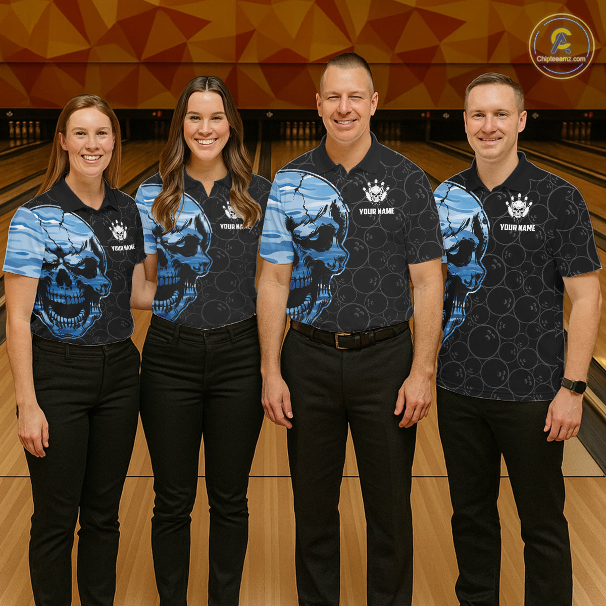 Blue Camo Skull Bowling Shirts For Men Custom Aim Roll Strike Repeat Vintage Bowling Team Jersey TDM7380