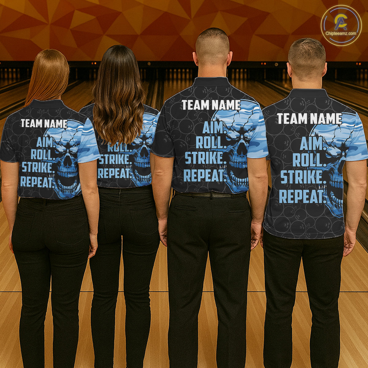 Blue Camo Skull Bowling Shirts For Men Custom Aim Roll Strike Repeat Vintage Bowling Team Jersey TDM7380