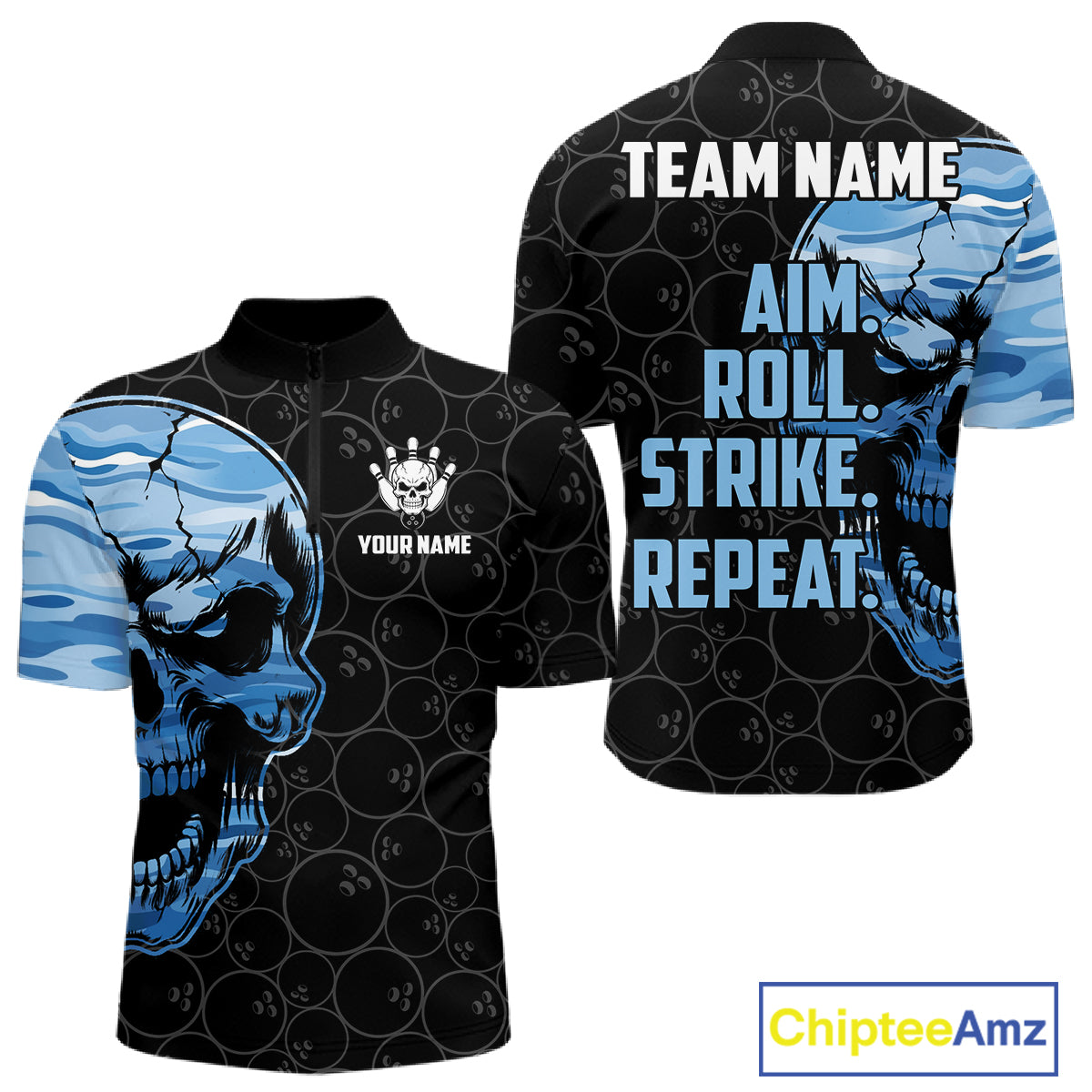 Blue Camo Skull Bowling Shirts For Men Custom Aim Roll Strike Repeat Vintage Bowling Team Jersey TDM7380