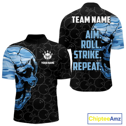 Blue Camo Skull Bowling Shirts For Men Custom Aim Roll Strike Repeat Vintage Bowling Team Jersey TDM7380
