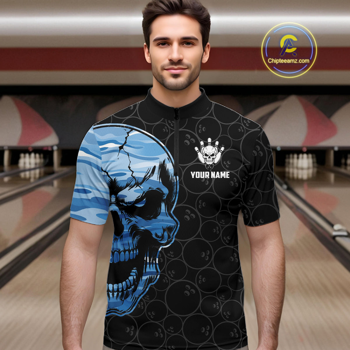 Blue Camo Skull Bowling Shirts For Men Custom Aim Roll Strike Repeat Vintage Bowling Team Jersey TDM7380
