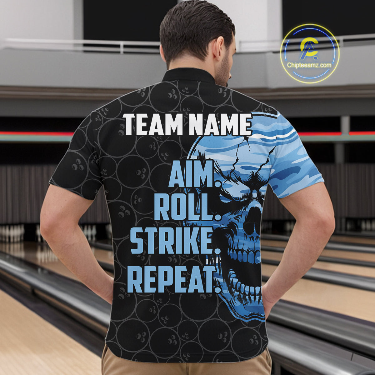 Blue Camo Skull Bowling Shirts For Men Custom Aim Roll Strike Repeat Vintage Bowling Team Jersey TDM7380