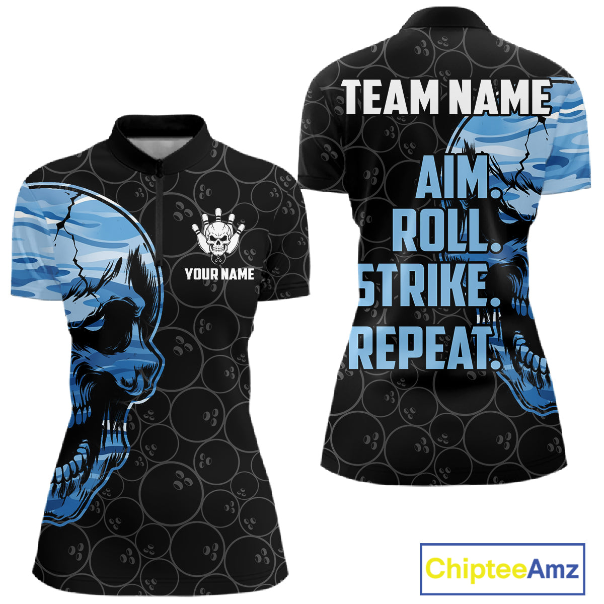Blue Camo Skull Bowling Shirts For Women Custom Aim Roll Strike Repeat Vintage Bowling Team Jersey TDM7380