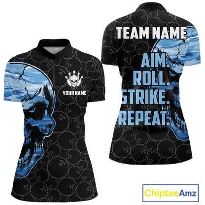 Blue Camo Skull Bowling Shirts For Women Custom Aim Roll Strike Repeat Vintage Bowling Team Jersey TDM7380