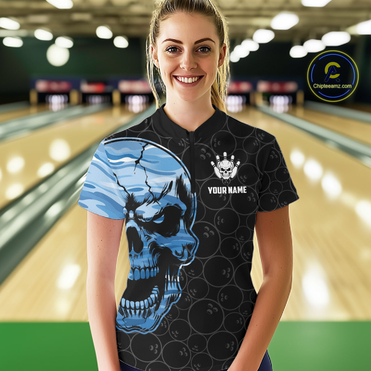 Blue Camo Skull Bowling Shirts For Women Custom Aim Roll Strike Repeat Vintage Bowling Team Jersey TDM7380