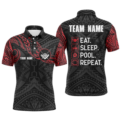 Billiard Black Red Tribal Pattern Custom Name Polo Shirts For Men, Custom Funny Billiard Shirts TDM0233