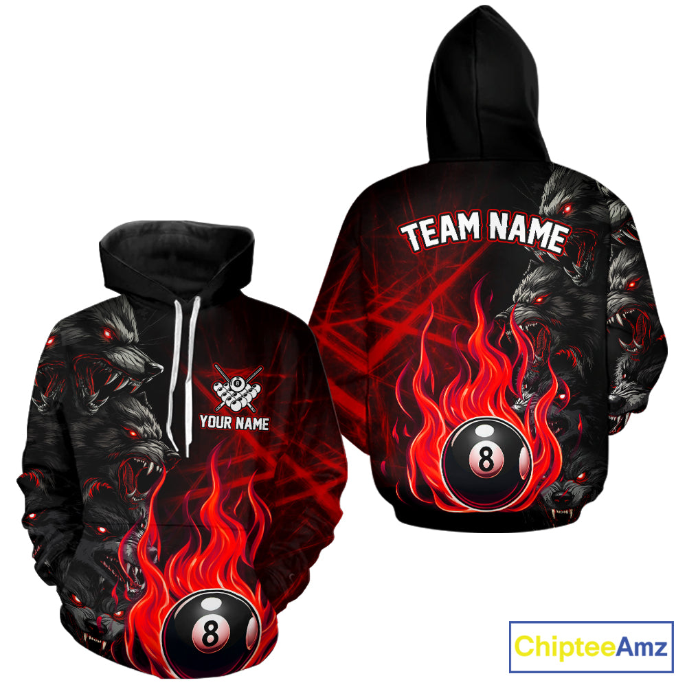 Personalized Red Flaming Wolf 8 Ball Hoodie For Pool Players Custom Billiard Hoodie Team Jersey TDM2616