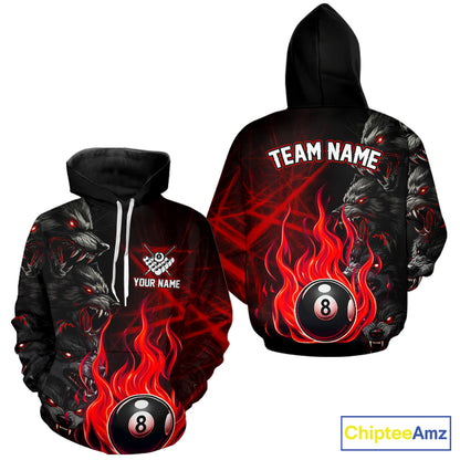 Personalized Red Flaming Wolf 8 Ball Hoodie For Pool Players Custom Billiard Hoodie Team Jersey TDM2616