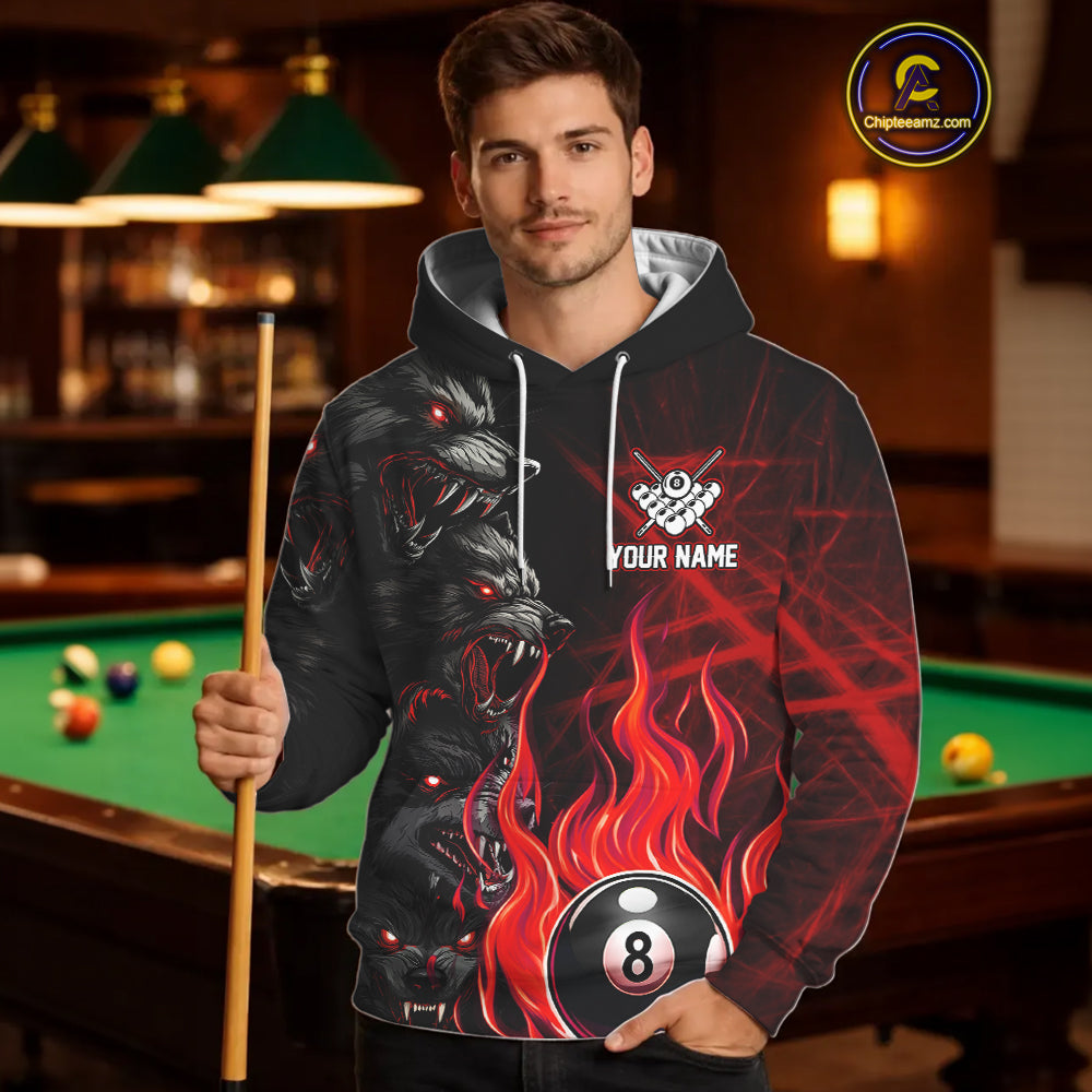 Personalized Red Flaming Wolf 8 Ball Hoodie For Pool Players Custom Billiard Hoodie Team Jersey TDM2616