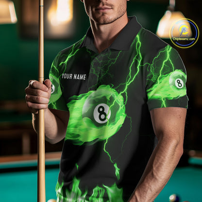 Personalized Green Flame Lightning 8 Ball Billiard Shirts For Men Custom Pool Team Jersey TDM7673