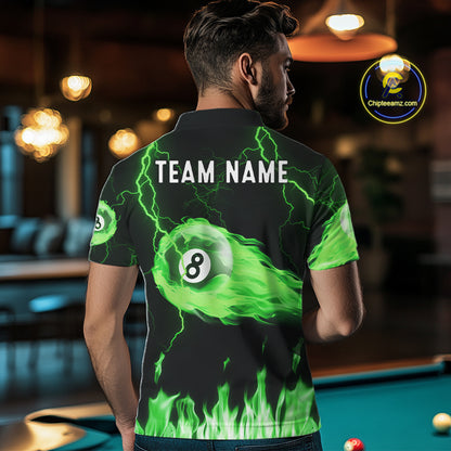 Personalized Green Flame Lightning 8 Ball Billiard Shirts For Men Custom Pool Team Jersey TDM7673