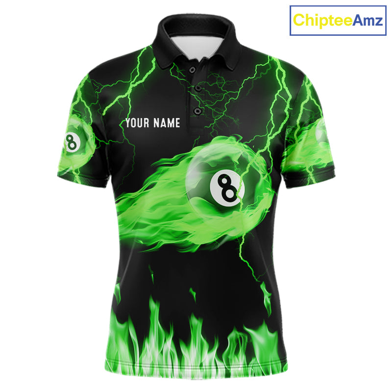 Personalized Green Flame Lightning 8 Ball Billiard Shirts For Men Custom Pool Team Jersey TDM7673