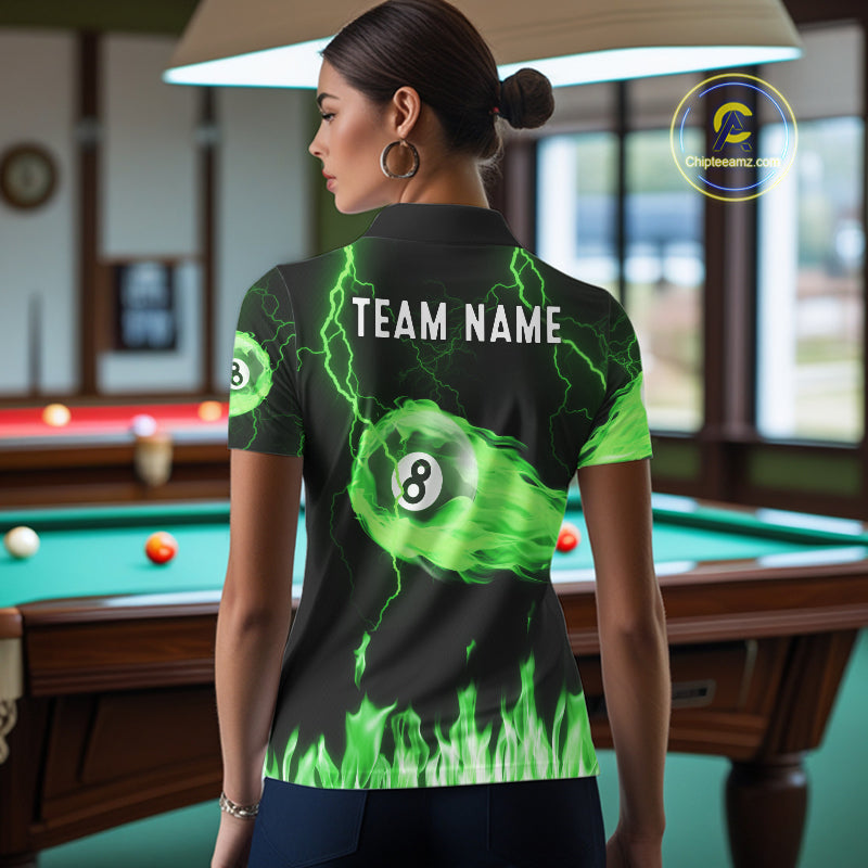 Personalized Green Flame Lightning 8 Ball Billiard Shirts For Women Custom Pool Team Jersey TDM7673