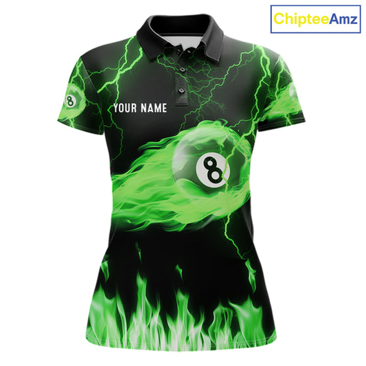 Personalized Green Flame Lightning 8 Ball Billiard Shirts For Women Custom Pool Team Jersey TDM7673