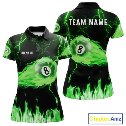 Personalized Green Flame Lightning 8 Ball Billiard Shirts For Women Custom Pool Team Jersey TDM7673