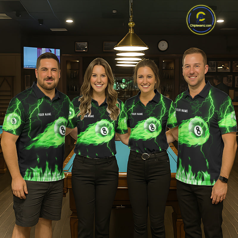 Personalized Green Flame Lightning 8 Ball Billiard Shirts For Men Custom Pool Team Jersey TDM7673