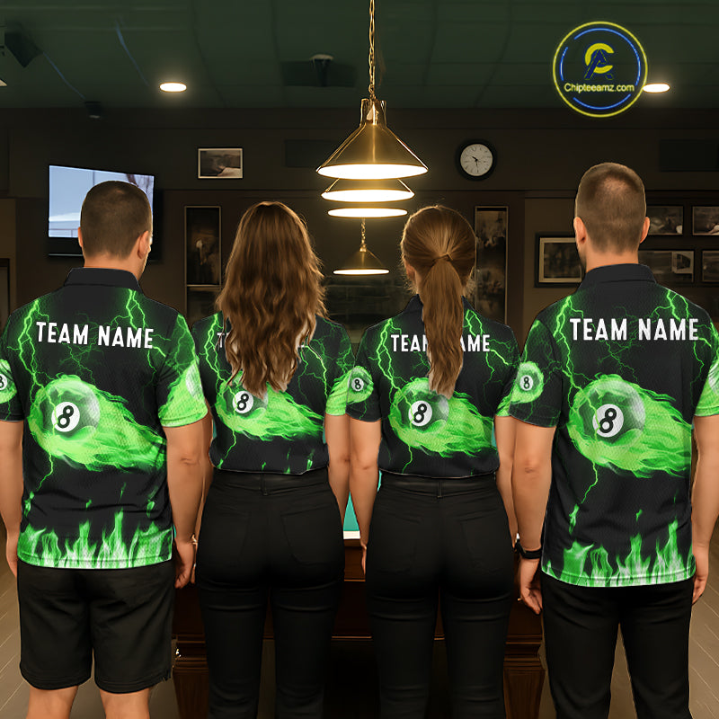 Personalized Green Flame Lightning 8 Ball Billiard Shirts For Men Custom Pool Team Jersey TDM7673
