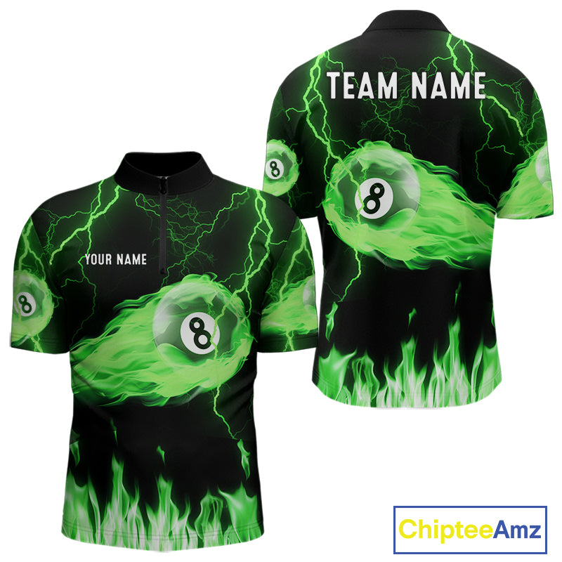 Personalized Green Flame Lightning 8 Ball Billiard Shirts For Men Custom Pool Team Jersey TDM7673
