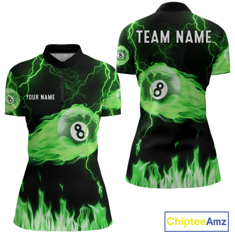 Personalized Green Flame Lightning 8 Ball Billiard Shirts For Women Custom Pool Team Jersey TDM7673