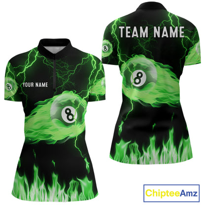 Personalized Green Flame Lightning 8 Ball Billiard Shirts For Women Custom Pool Team Jersey TDM7673