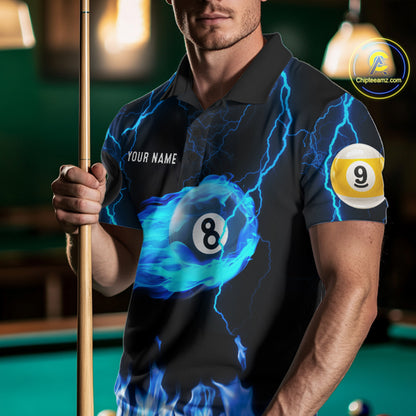 Blue Lightning Flame 8 Ball & 9 Ball Billiard Shirts For Men Custom Pool Team Jersey Polo 1/4 Zip TDM7674