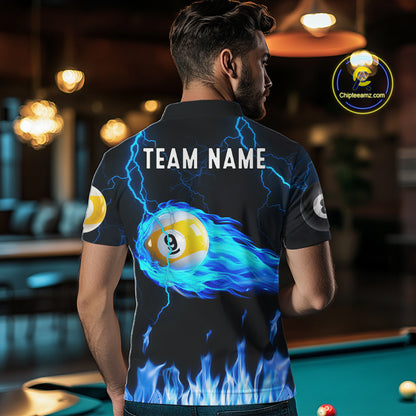 Blue Lightning Flame 8 Ball & 9 Ball Billiard Shirts For Men Custom Pool Team Jersey Polo 1/4 Zip TDM7674