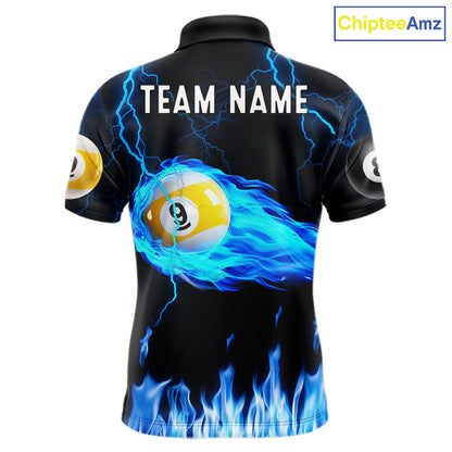 Blue Lightning Flame 8 Ball & 9 Ball Billiard Shirts For Men Custom Pool Team Jersey Polo 1/4 Zip TDM7674