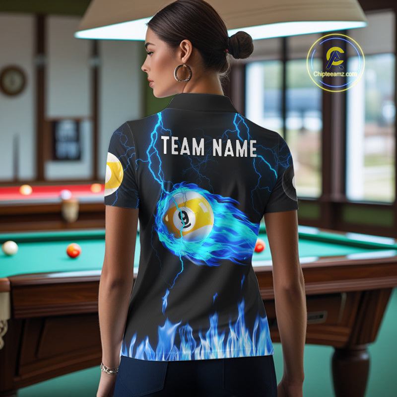 Blue Lightning Flame 8 Ball & 9 Ball Billiard Shirts For Women Custom Pool Team Jersey Polo 1/4 Zip TDM7674