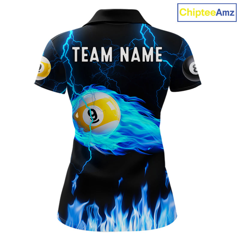 Blue Lightning Flame 8 Ball & 9 Ball Billiard Shirts For Women Custom Pool Team Jersey Polo 1/4 Zip TDM7674