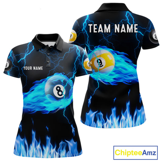 Blue Lightning Flame 8 Ball & 9 Ball Billiard Shirts For Women Custom Pool Team Jersey Polo 1/4 Zip TDM7674