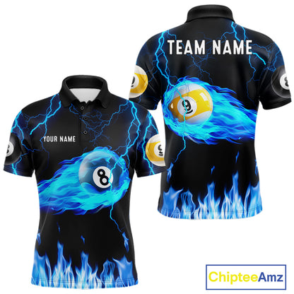 Blue Lightning Flame 8 Ball & 9 Ball Billiard Shirts For Men Custom Pool Team Jersey Polo 1/4 Zip TDM7674