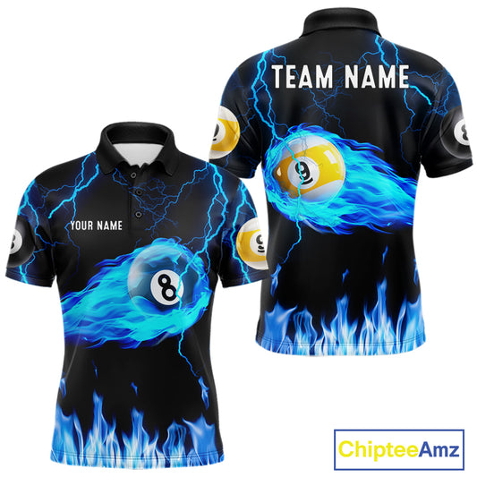 Blue Lightning Flame 8 Ball & 9 Ball Billiard Shirts For Men Custom Pool Team Jersey Polo 1/4 Zip TDM7674