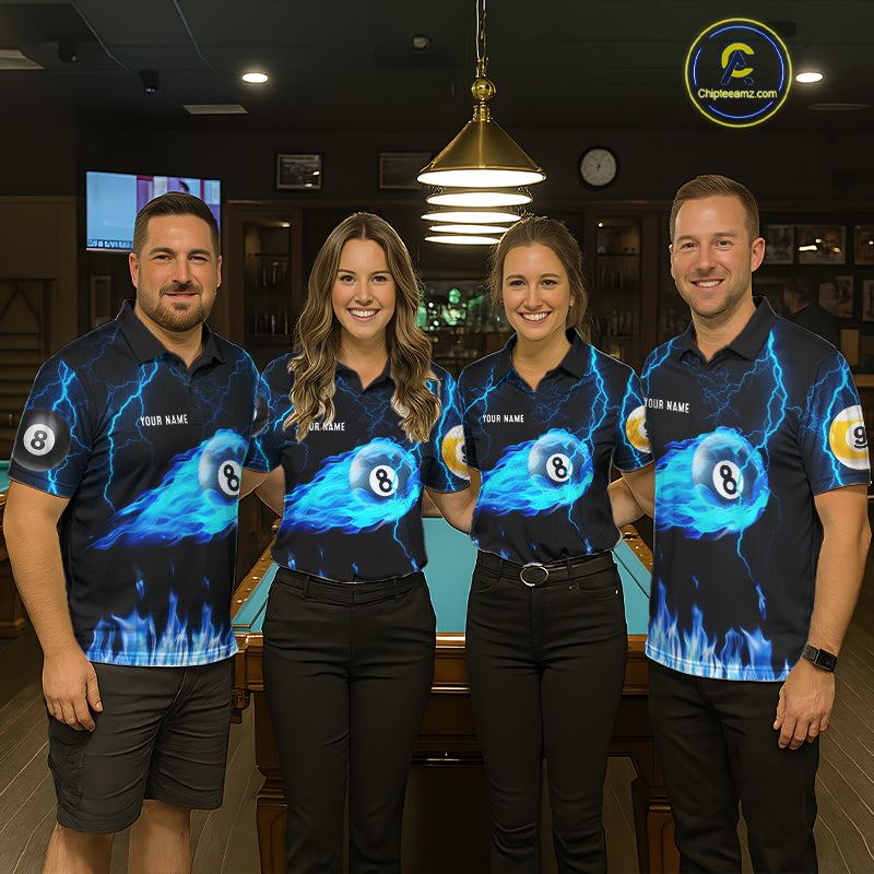 Blue Lightning Flame 8 Ball & 9 Ball Billiard Shirts For Women Custom Pool Team Jersey Polo 1/4 Zip TDM7674