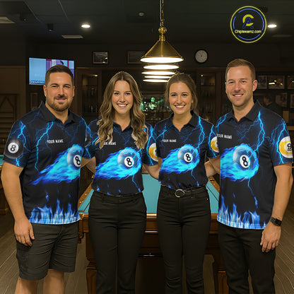 Blue Lightning Flame 8 Ball & 9 Ball Billiard Shirts For Women Custom Pool Team Jersey Polo 1/4 Zip TDM7674